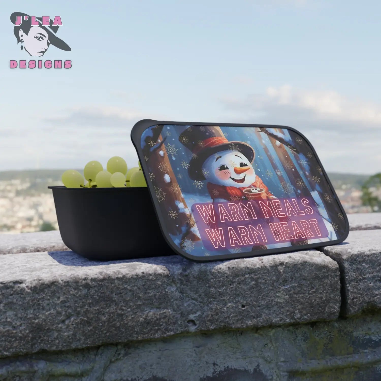 Cozy Snowman Bento Box by J’Lea Designs – Limited-Edition with Printed Affirmation for Heartfelt Nourishment - Black