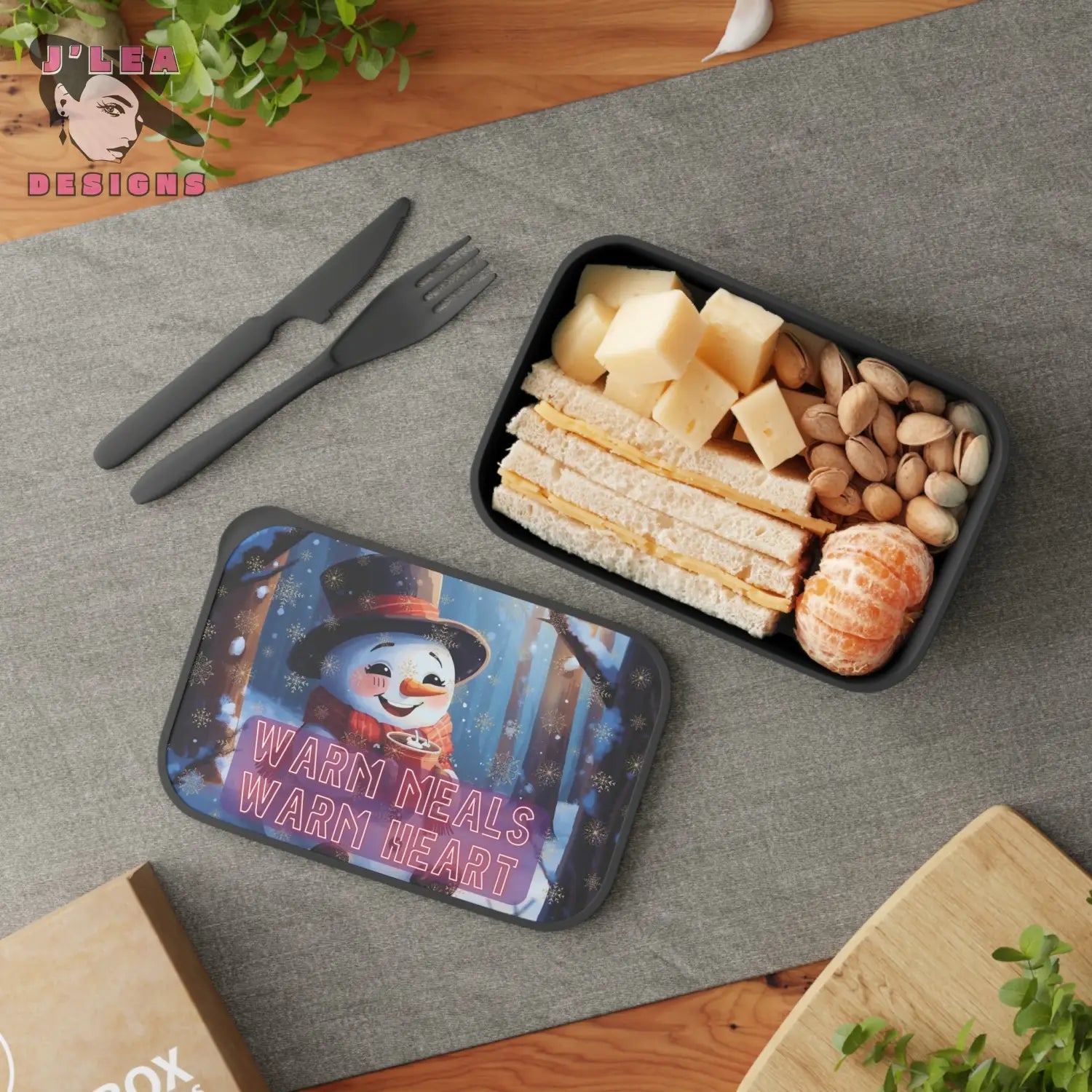 Cozy Snowman Bento Box by J’Lea Designs – Limited-Edition with Printed Affirmation for Heartfelt Nourishment - Black