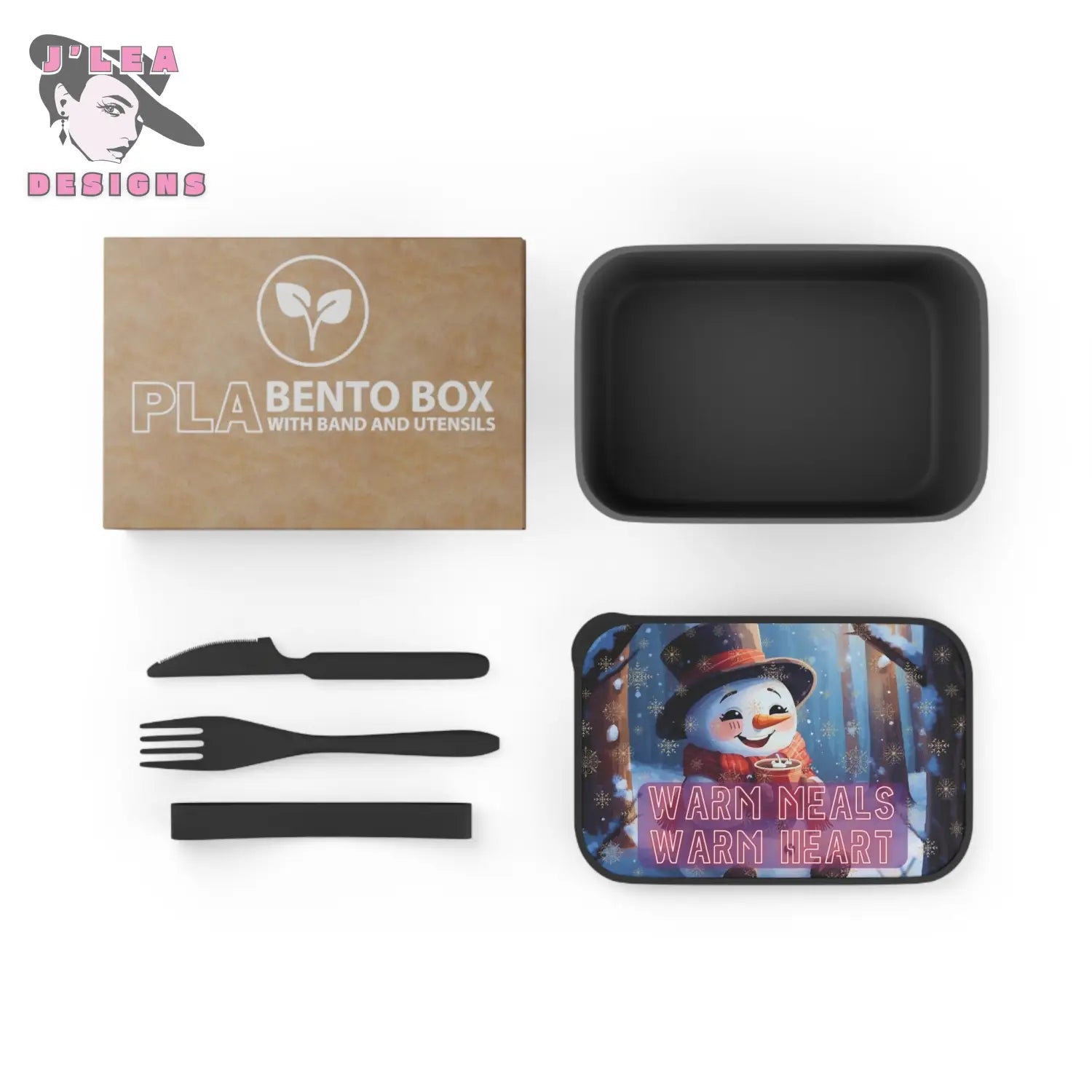 Cozy Snowman Bento Box by J’Lea Designs – Limited-Edition with Printed Affirmation for Heartfelt Nourishment - Black