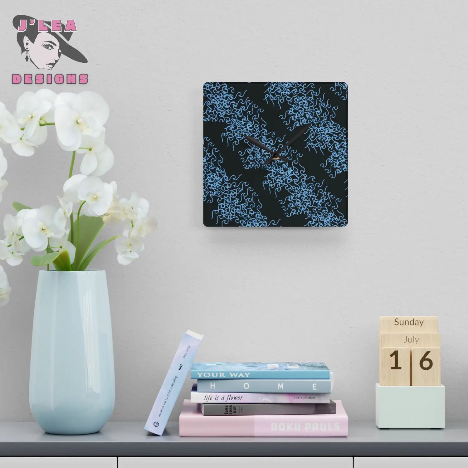 Curly Current - Timekeeper by J’Lea Designs | Square Acrylic Wall Clock - 10.75’’ × 10.75’’ (Square) - Home Decor