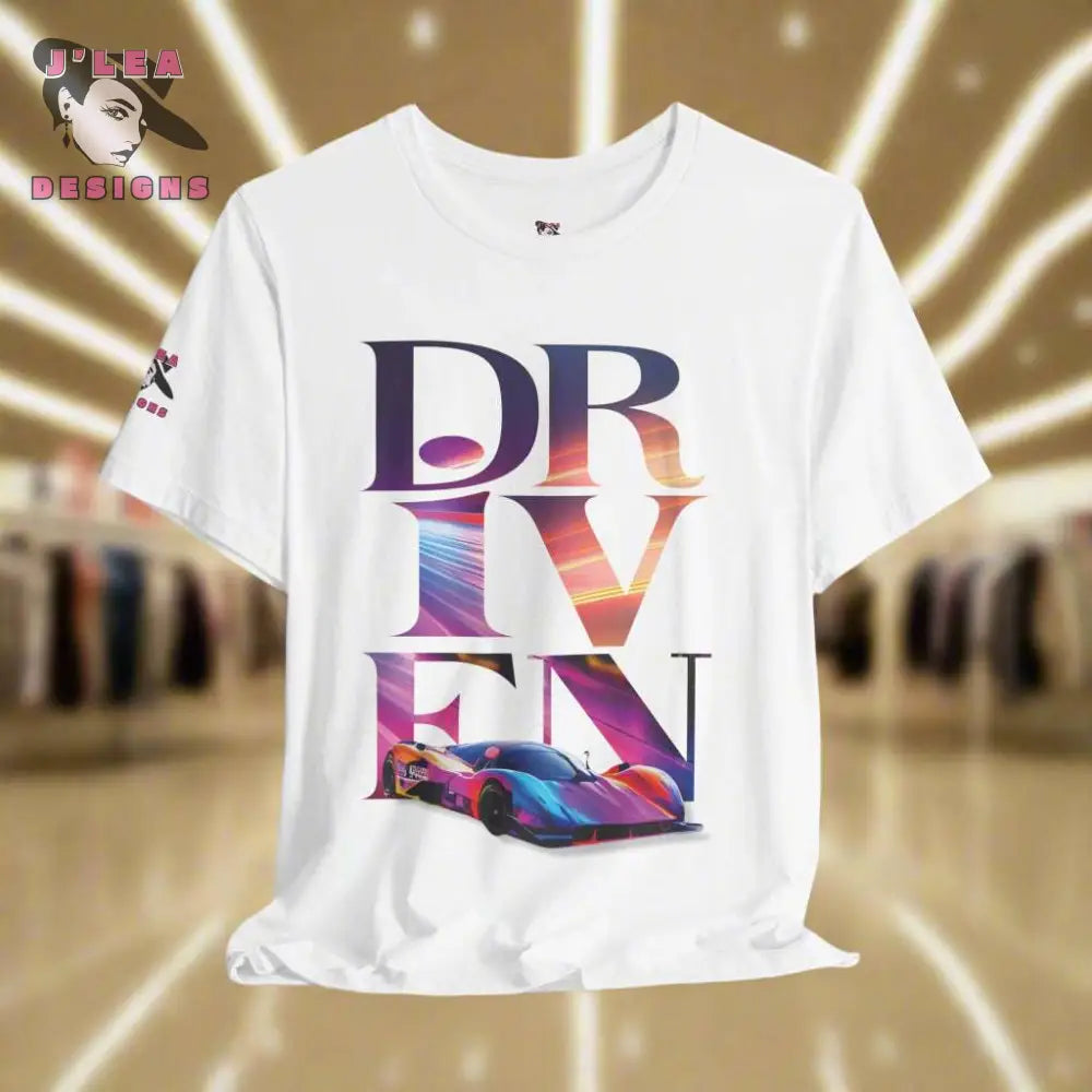DRIVEN | Adult Unisex Jersey Tee | Typography Design with AI-generated Sports Car | Statement Shirt - J'Lea Designs