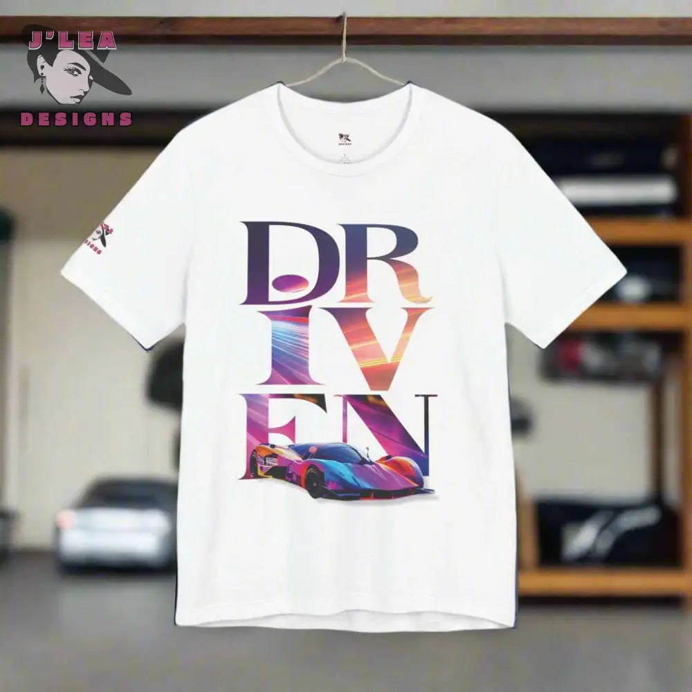 DRIVEN | Adult Unisex Jersey Tee | Typography Design with AI-generated Sports Car | Statement Shirt - J'Lea Designs