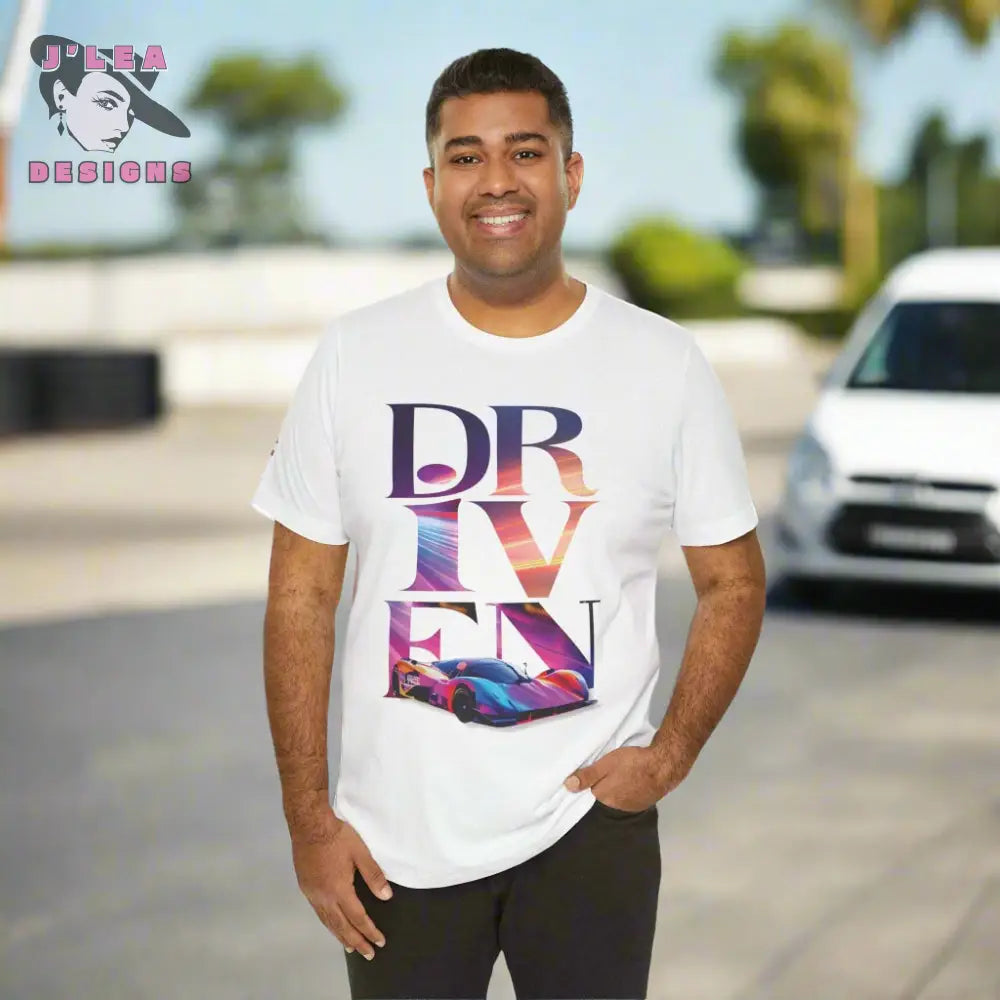 DRIVEN | Adult Unisex Jersey Tee | Typography Design with AI-generated Sports Car | Statement Shirt - J'Lea Designs