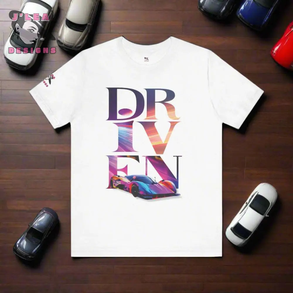 DRIVEN | Adult Unisex Jersey Tee | Typography Design with AI-generated Sports Car | Statement Shirt - J'Lea Designs