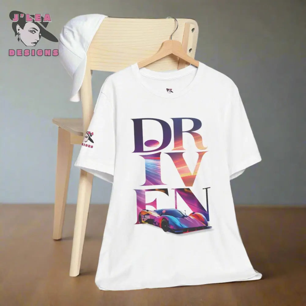 DRIVEN | Adult Unisex Jersey Tee | Typography Design with AI-generated Sports Car | Statement Shirt - J'Lea Designs