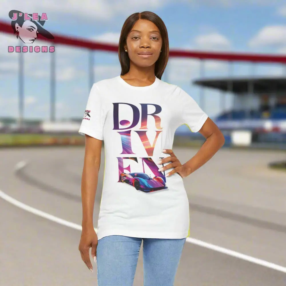 DRIVEN | Adult Unisex Jersey Tee | Typography Design with AI-generated Sports Car | Statement Shirt - J'Lea Designs