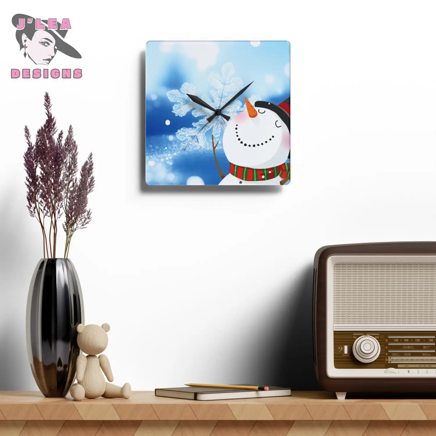 Frosted Joy Timekeeper by J’Lea Designs - December’s Limited-Edition Acrylic Wall Clock with Snowman and Crystal