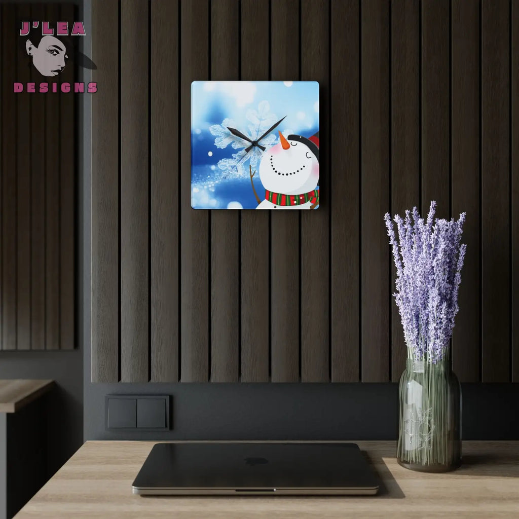 Frosted Joy Timekeeper by J’Lea Designs - December’s Limited-Edition Acrylic Wall Clock with Snowman and Crystal