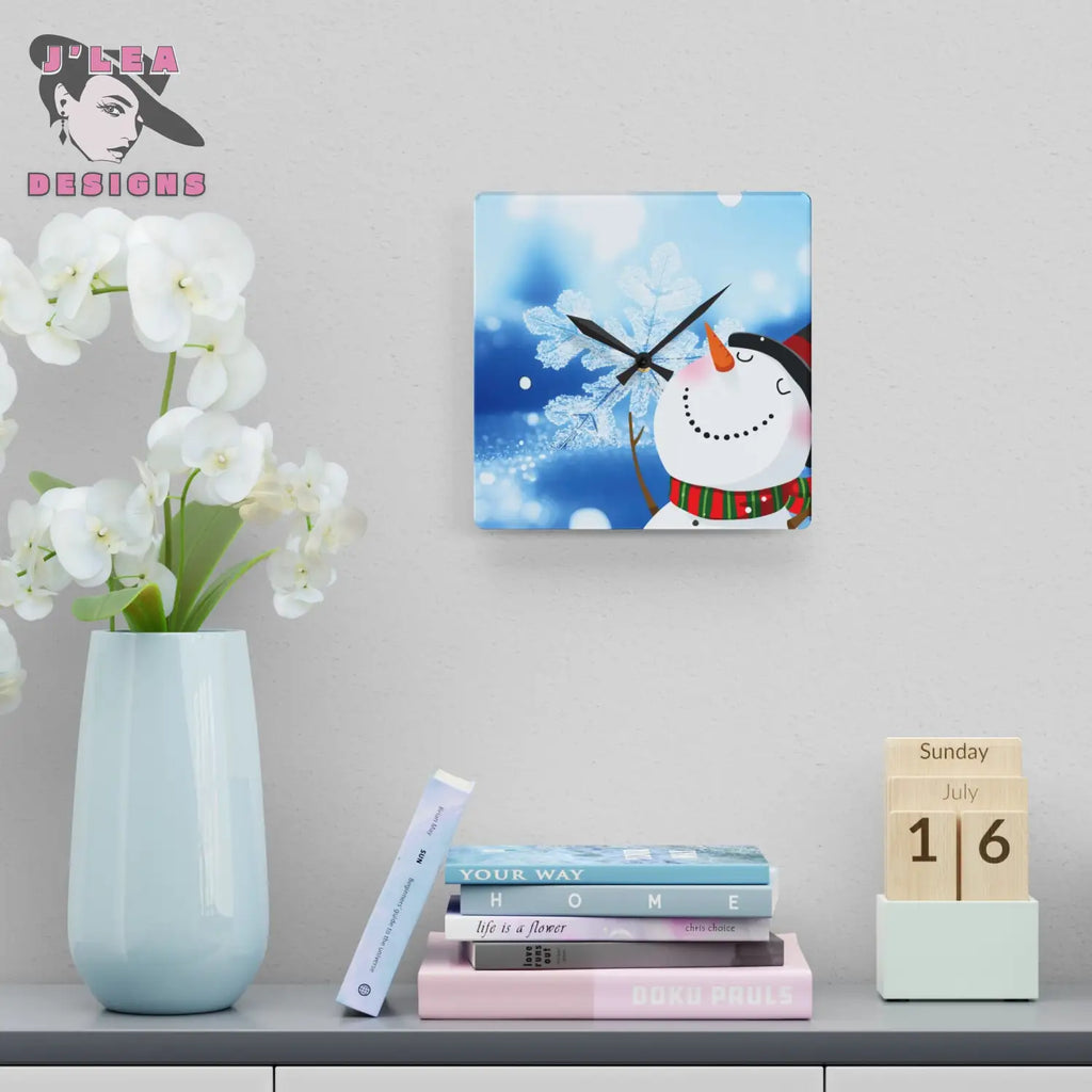 Frosted Joy Timekeeper by J’Lea Designs - December’s Limited-Edition Acrylic Wall Clock with Snowman and Crystal