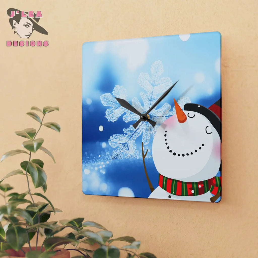 Frosted Joy Timekeeper by J’Lea Designs - December’s Limited-Edition Acrylic Wall Clock with Snowman and Crystal