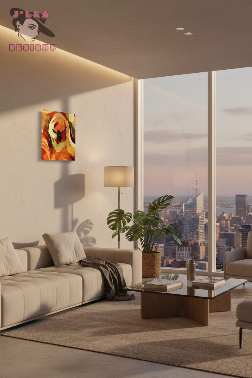 A modern living room interior with a beige sofa, coffee table, floor lamp, and large windows overlooking a city skyline. On the wall, a small colorful abstract painting is displayed.