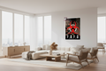 Modern living room with a white sofa, coffee table, and chairs. A framed poster with a biohazard symbol and 'F.