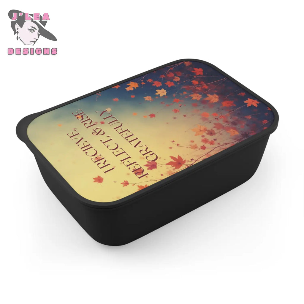 I Receive Reflect & Rise Gratefully by J’Lea Designs – Transformative Eco-Friendly Bento Box with Falling Leaves Design