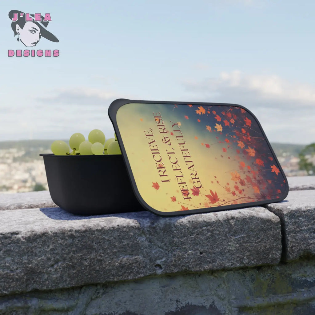 I Receive Reflect & Rise Gratefully by J’Lea Designs – Transformative Eco-Friendly Bento Box with Falling Leaves Design