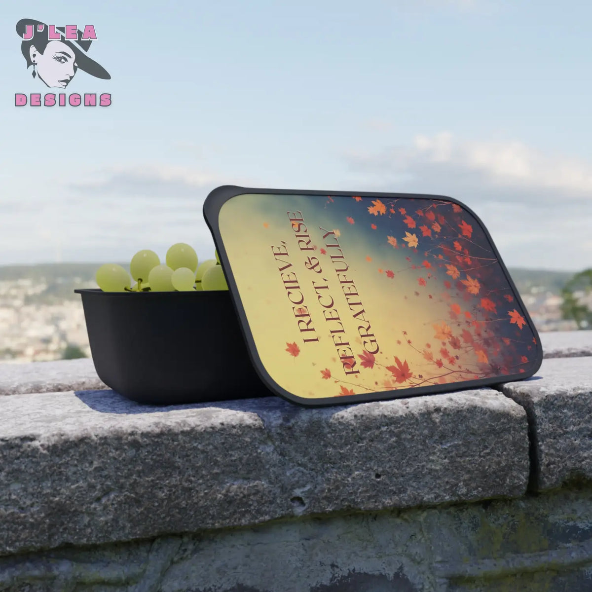 I Receive Reflect & Rise Gratefully by J’Lea Designs – Transformative Eco-Friendly Bento Box with Falling Leaves Design