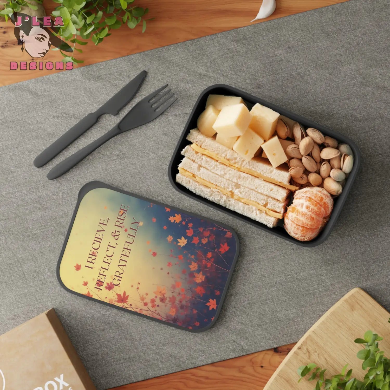 I Receive Reflect & Rise Gratefully by J’Lea Designs – Transformative Eco-Friendly Bento Box with Falling Leaves Design