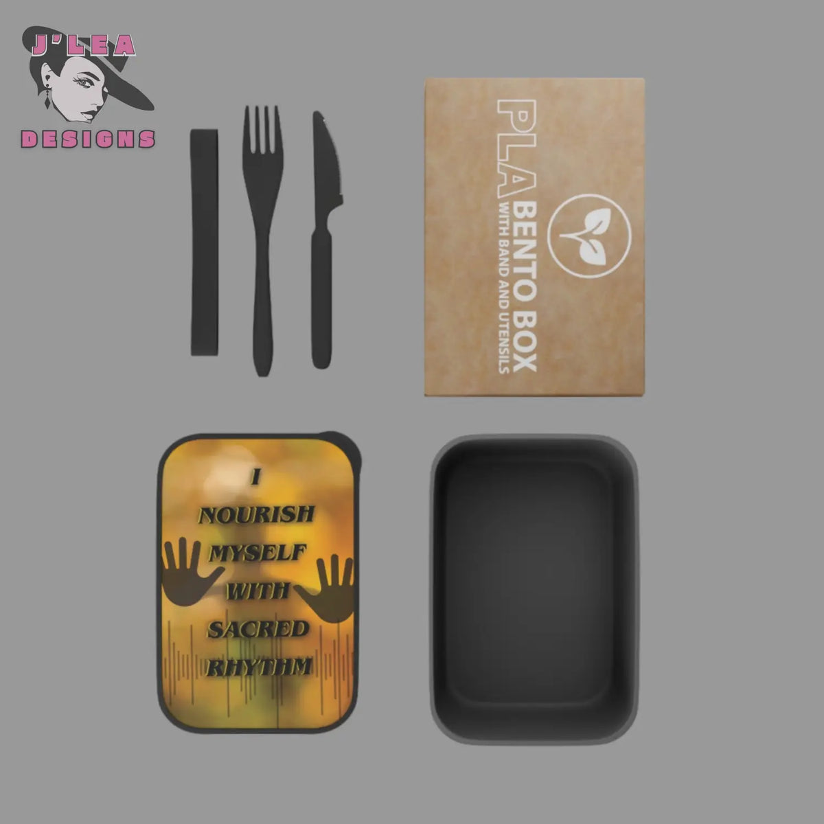 PLA Bento Box with black lid, utensils, and a wooden box on a gray background