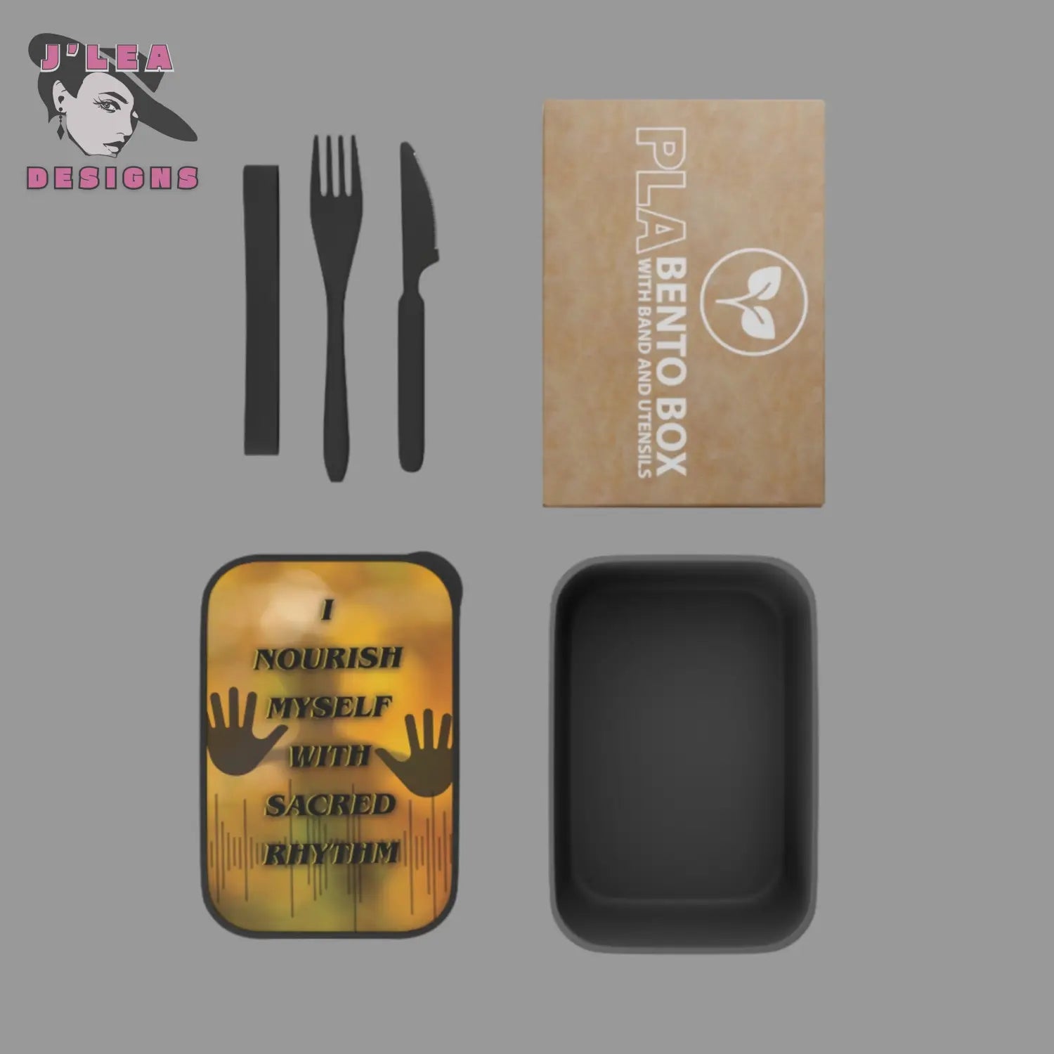 PLA Bento Box with black lid, utensils, and a wooden box on a gray background