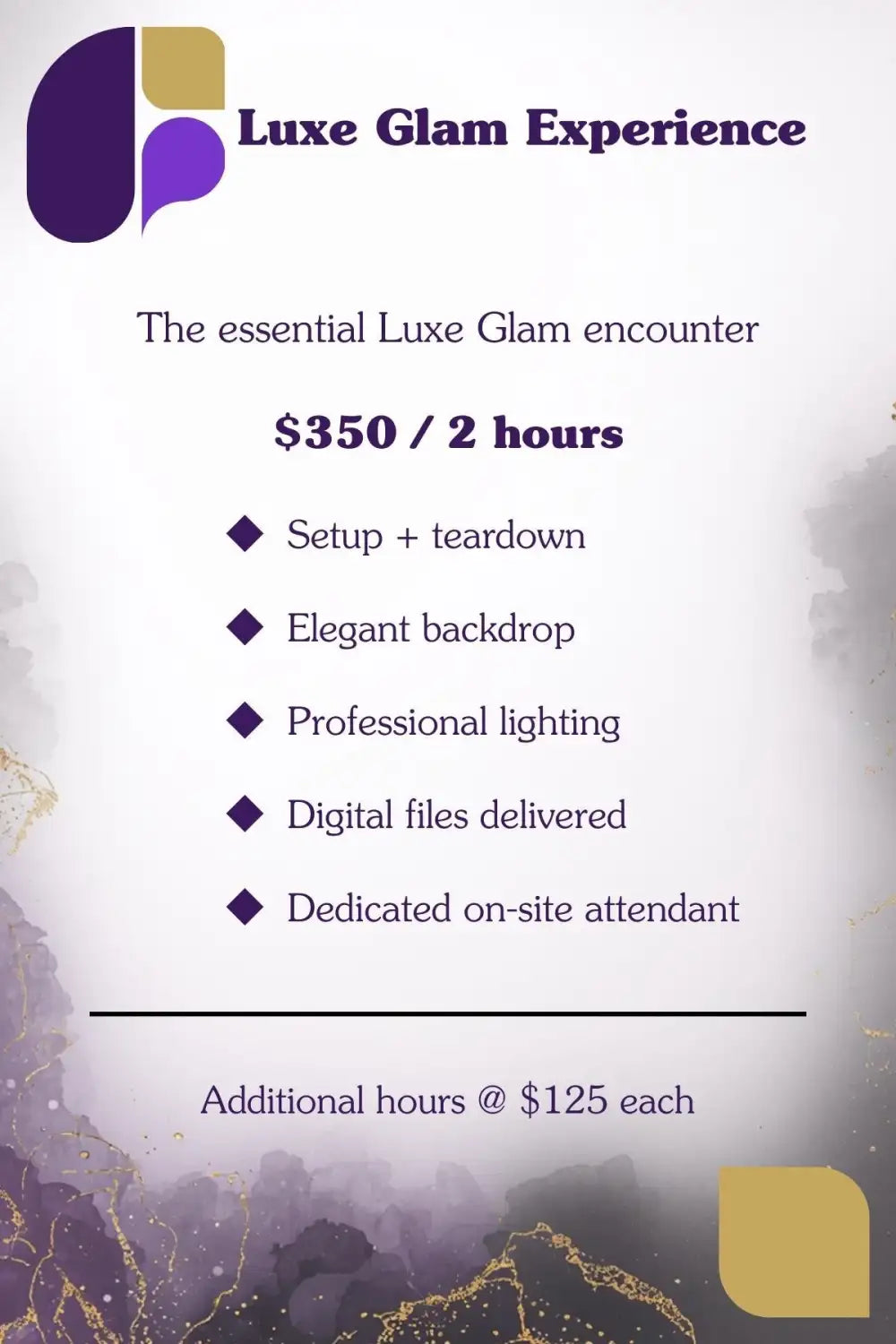 Promotional flyer for Luxe Glam Experience with pricing and services listed.