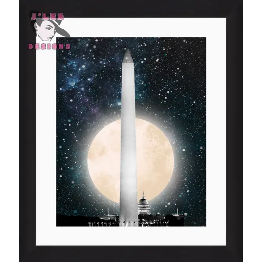 Framed artwork of the Washington Monument with a large moon and starry sky.