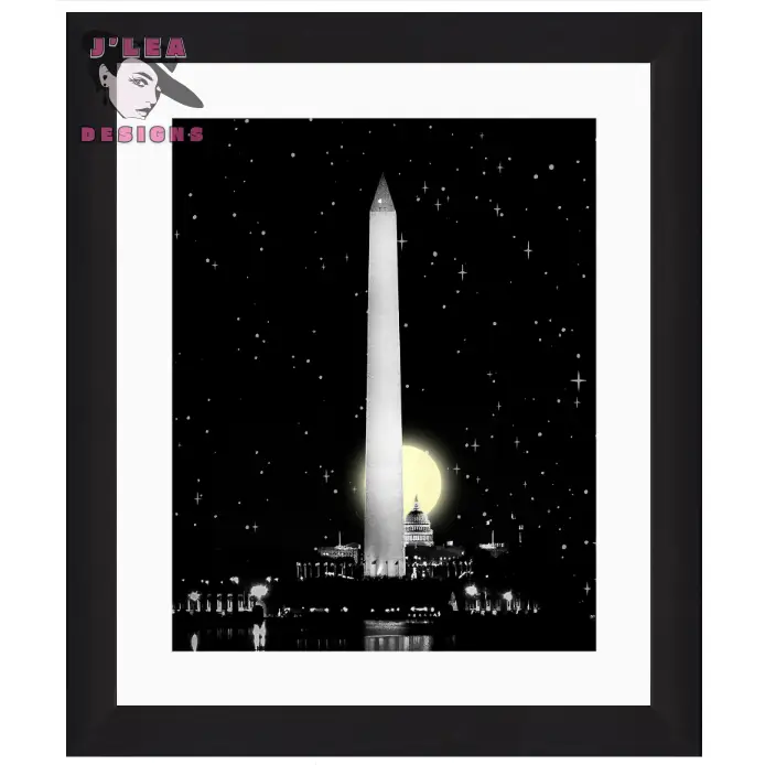 Framed artwork of the Washington Monument against a dark starry sky with a bright moon.