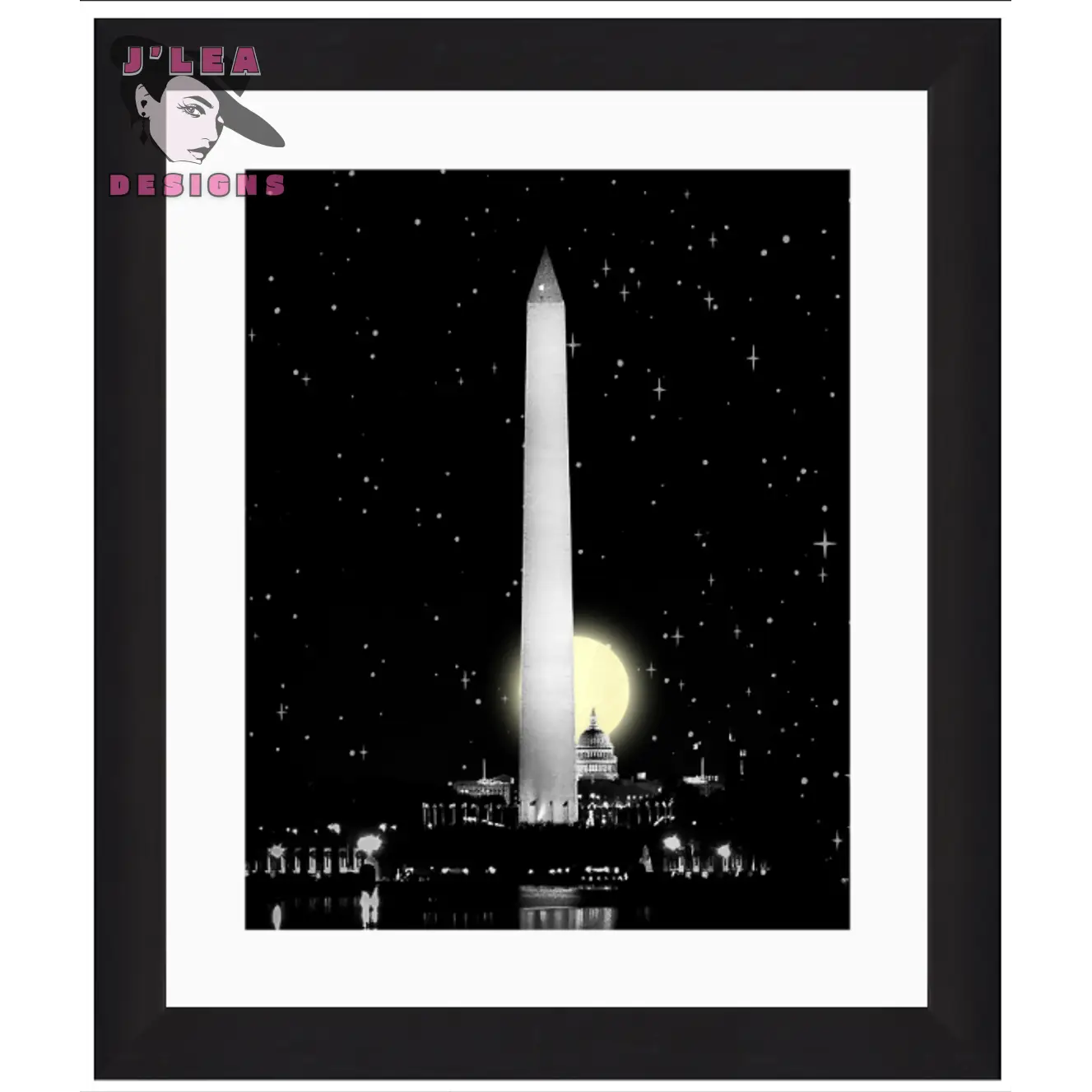 Framed artwork of a tall white column against a dark sky with stars, resembling a monument or sculpture.