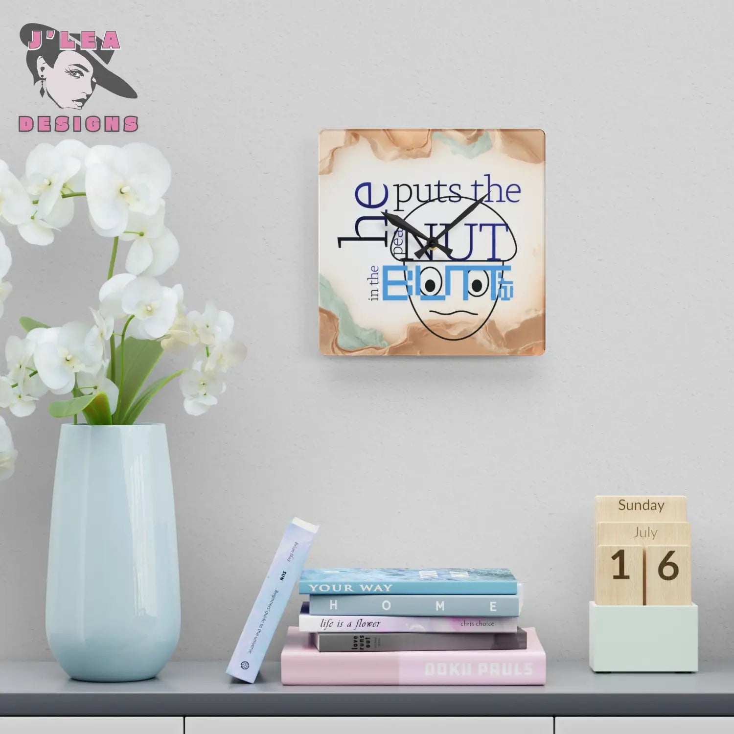 peaNUT in the BUTTer Timekeeper by J Lea Designs | Square Acrylic Wall Clock - Jody Cunningham