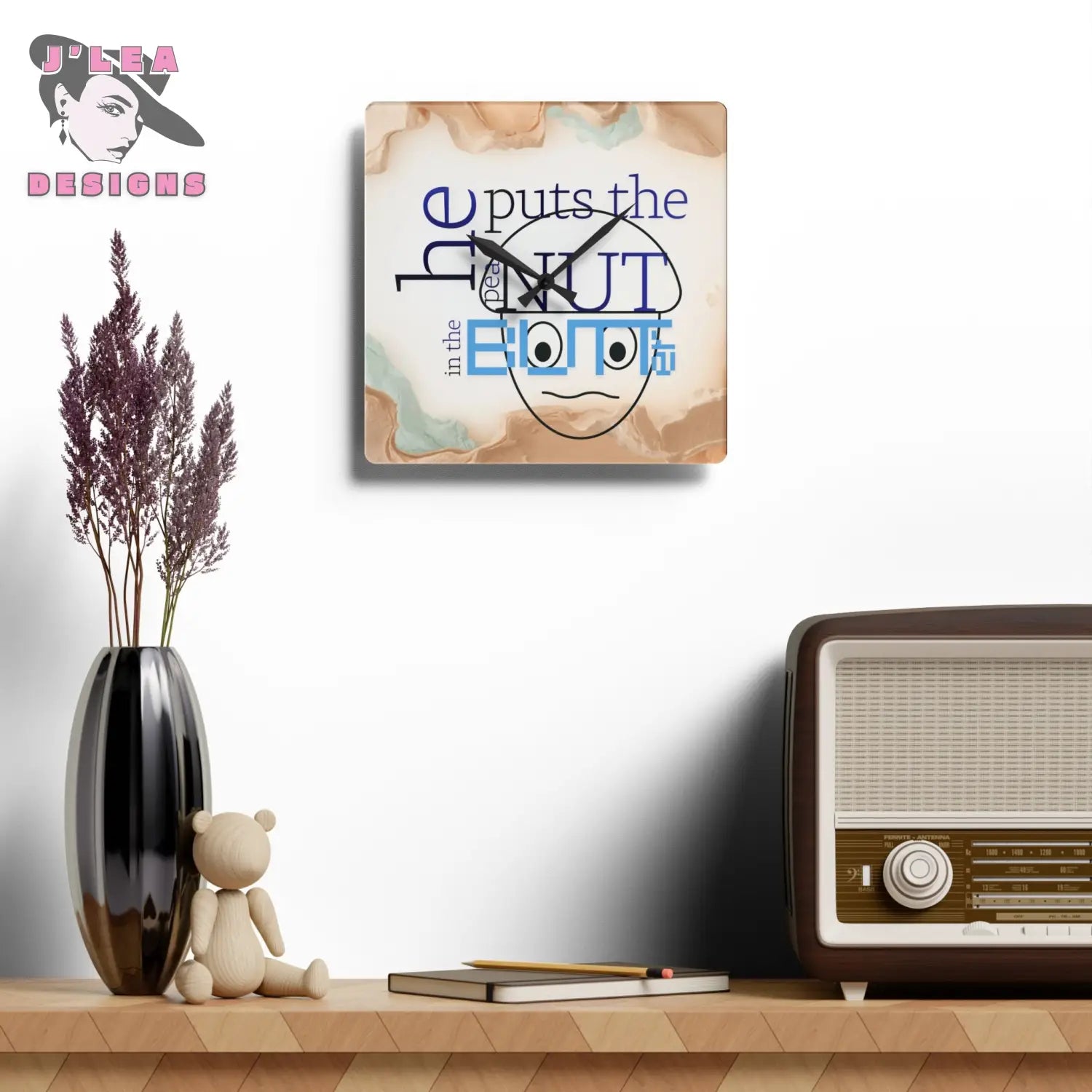 peaNUT in the BUTTer - Timekeeper by J’Lea Designs | Square Acrylic Wall Clock - 10.75’’ × 10.75’’ (Square) - Home Decor