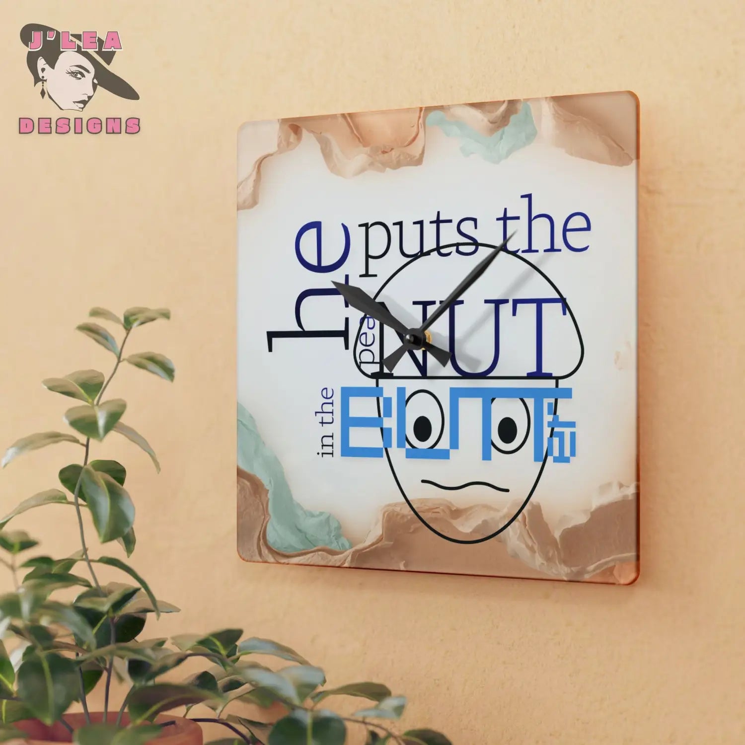 peaNUT in the BUTTer - Timekeeper by J’Lea Designs | Square Acrylic Wall Clock - 10.75’’ × 10.75’’ (Square) - Home Decor