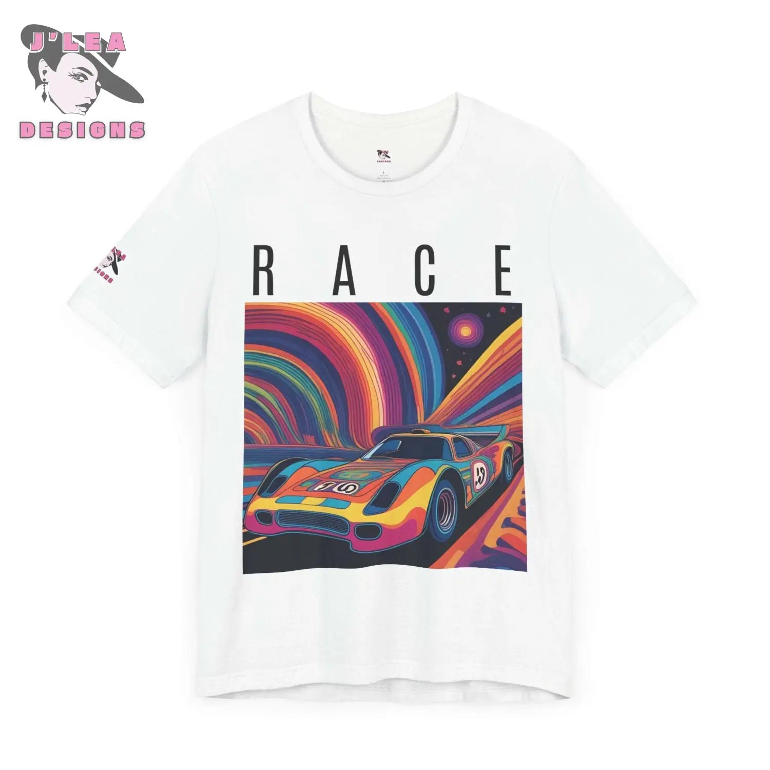 RACE | Adult Unisex Jersey Tee | Psychedelic Themed Design | AI-generated Race Car | Statement Shirt - J'Lea Designs