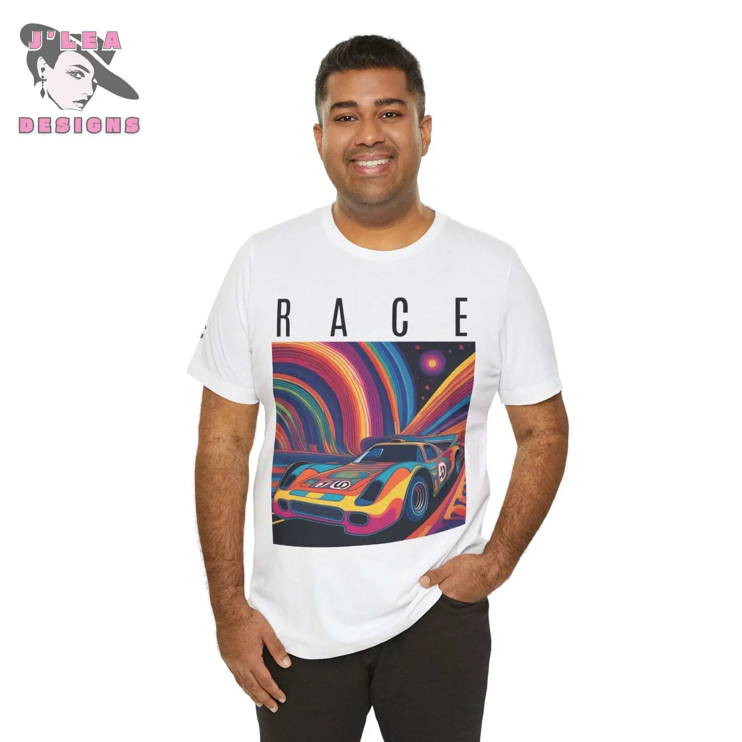 RACE | Adult Unisex Jersey Tee | Psychedelic Themed Design | AI-generated Race Car | Statement Shirt - J'Lea Designs