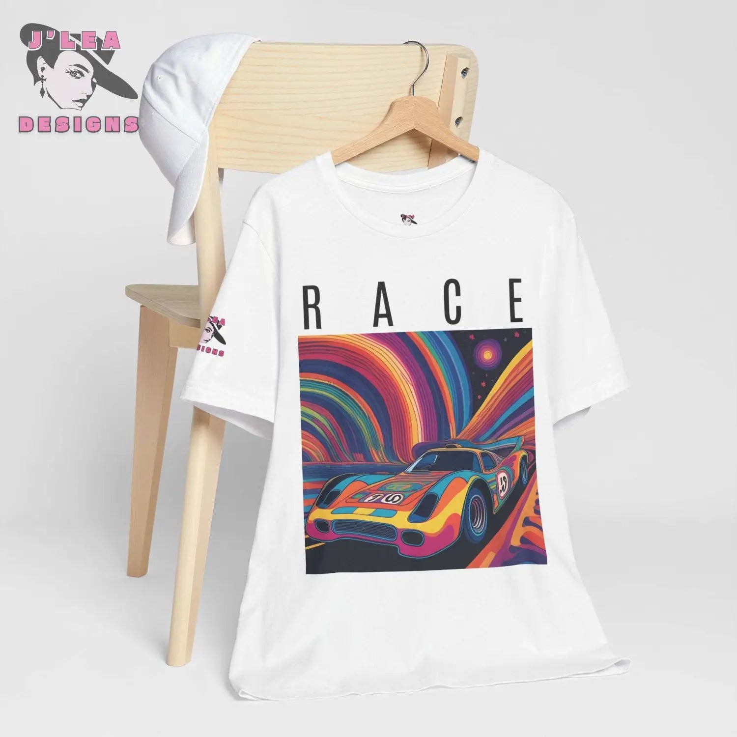 RACE | Adult Unisex Jersey Tee | Psychedelic Themed Design | AI-generated Race Car | Statement Shirt - J'Lea Designs