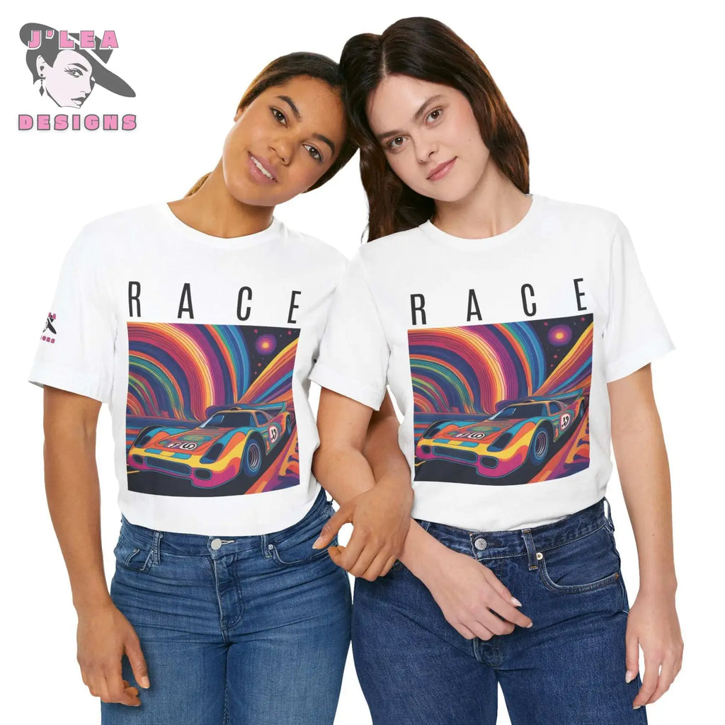 RACE | Adult Unisex Jersey Tee | Psychedelic Themed Design | AI-generated Race Car | Statement Shirt - J'Lea Designs