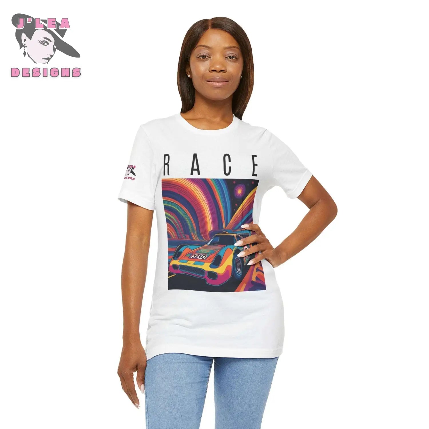 RACE | Adult Unisex Jersey Tee | Psychedelic Themed Design | AI-generated Race Car | Statement Shirt - J'Lea Designs