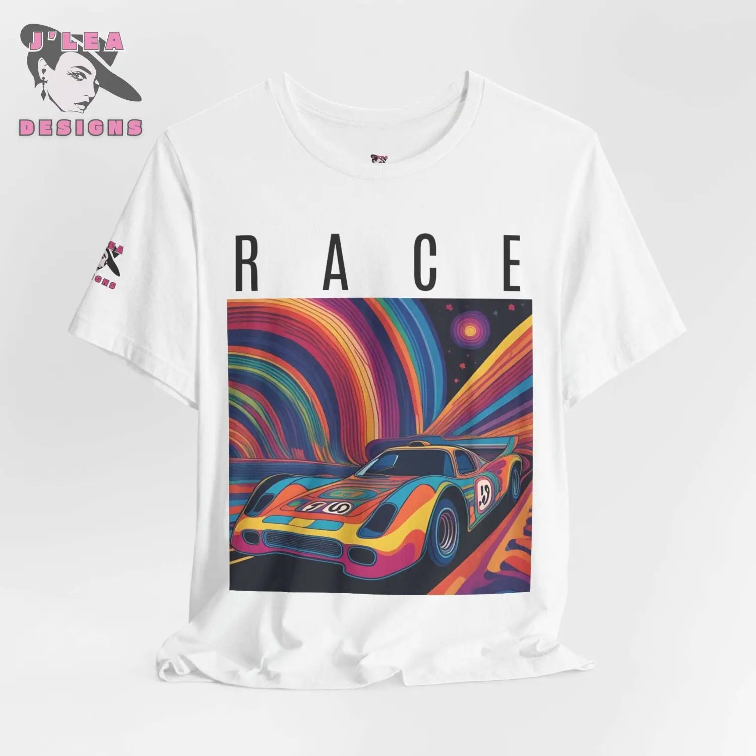 RACE | Adult Unisex Jersey Tee | Psychedelic Themed Design | AI-generated Race Car | Statement Shirt - J'Lea Designs