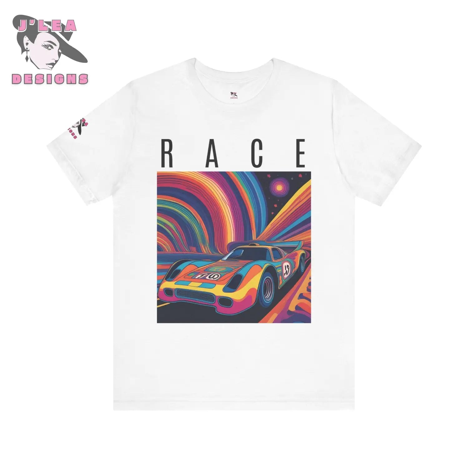 RACE | Adult Unisex Jersey Tee | Psychedelic Themed Design | AI-generated Race Car | Statement Shirt - J'Lea Designs