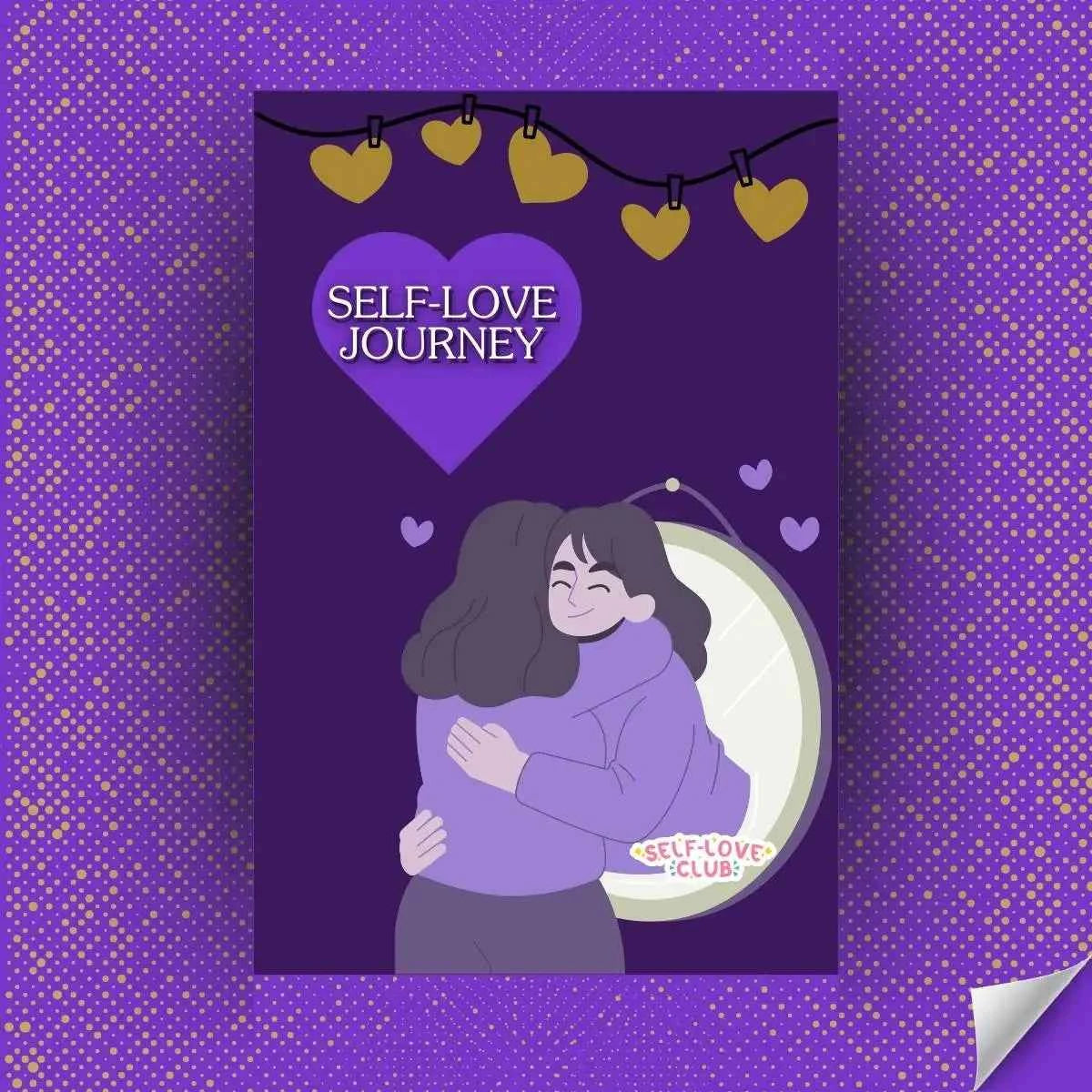 Book cover styled image titled 'Self-Love Journey' with a person embracing themselves against a purple background with heart shapes.