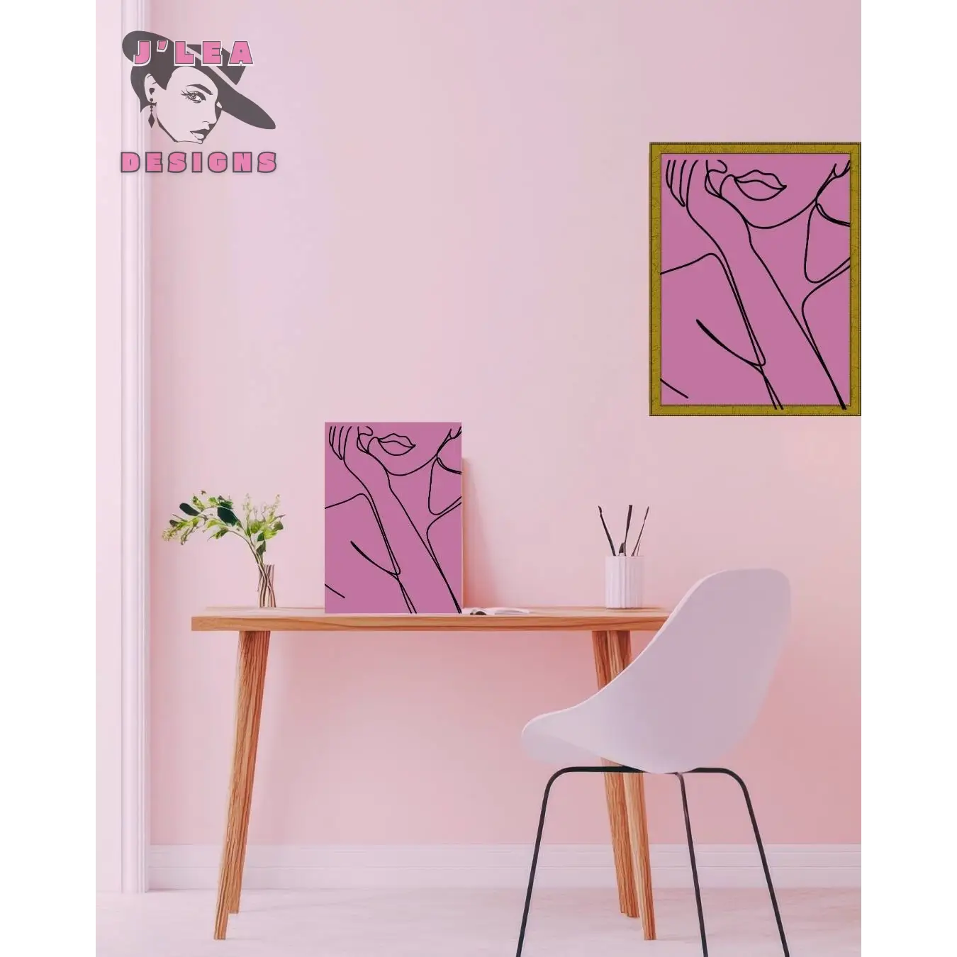 Modern interior with pink wall art and a wooden table.