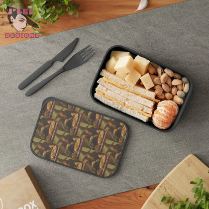 Stirring Magic: Patterned Bento Lid and Stylish Bento Box with Utensils by J’Lea Designs - Perfect for Lunch Meal Prep