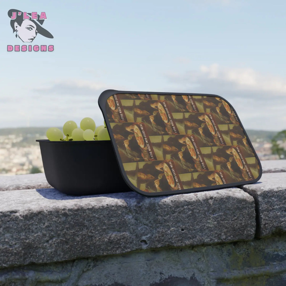Stirring Magic: Patterned Bento Lid and Stylish Bento Box with Utensils by J’Lea Designs - Perfect for Lunch Meal Prep