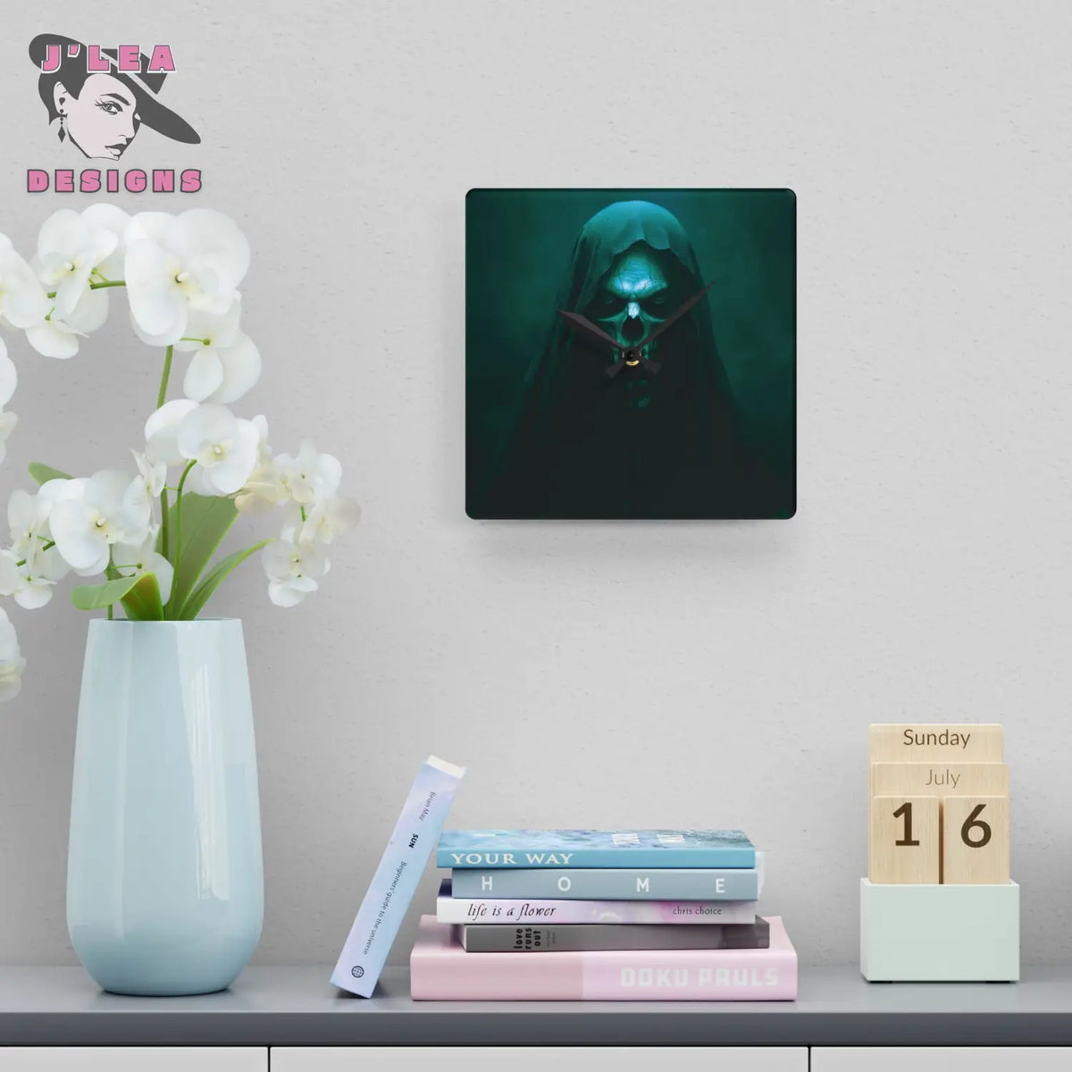 The Hollow Watcher Timekeeper Acrylic Square Wall Clock by J Lea Designs Mockup image 1