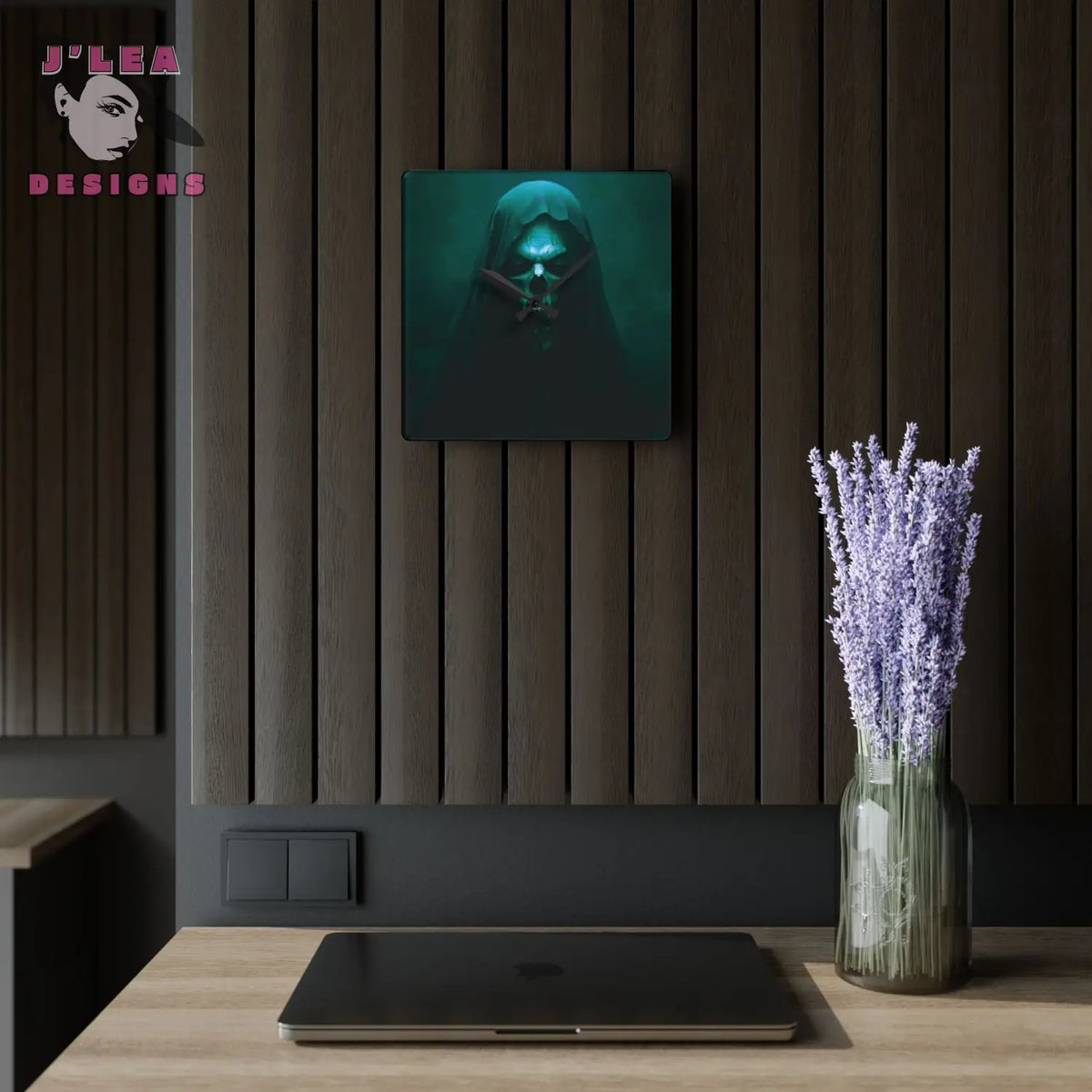 The Hollow Watcher Timekeeper Acrylic Square Wall Clock by J Lea Designs mockup image 3