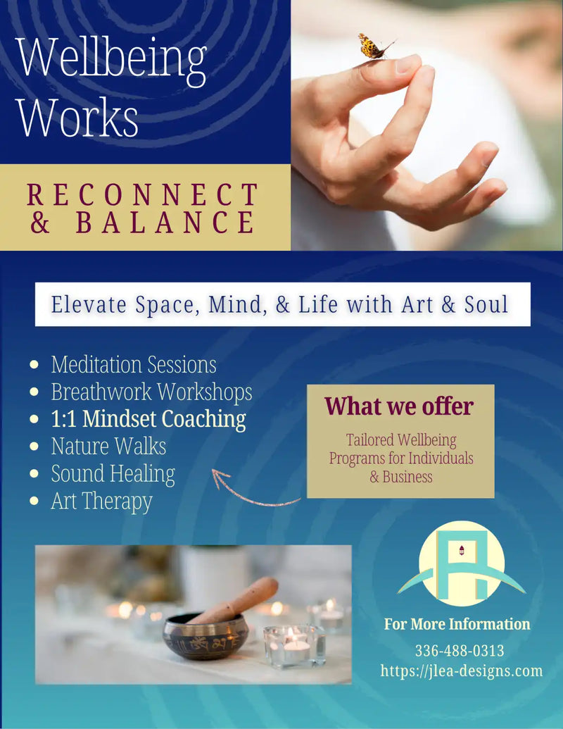 Advertisement for wellbeing services with text and images of hands and a butterfly.