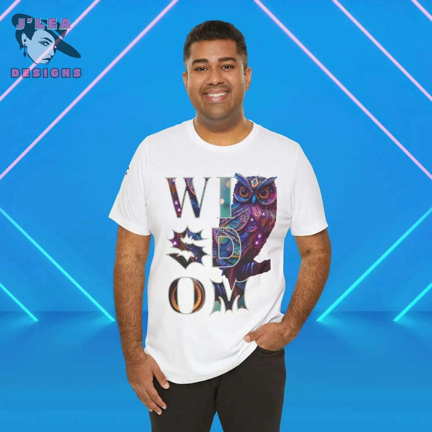 WISDOM | Adult Unisex Jersey Tee | Typography Design with AI-generated Owl | Statement Shirt - J'Lea Designs