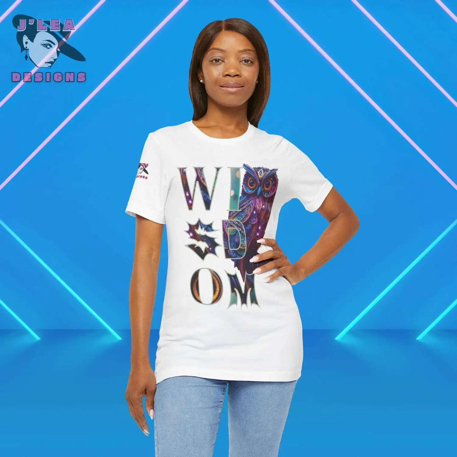WISDOM | Adult Unisex Jersey Tee | Typography Design with AI-generated Owl | Statement Shirt - J'Lea Designs