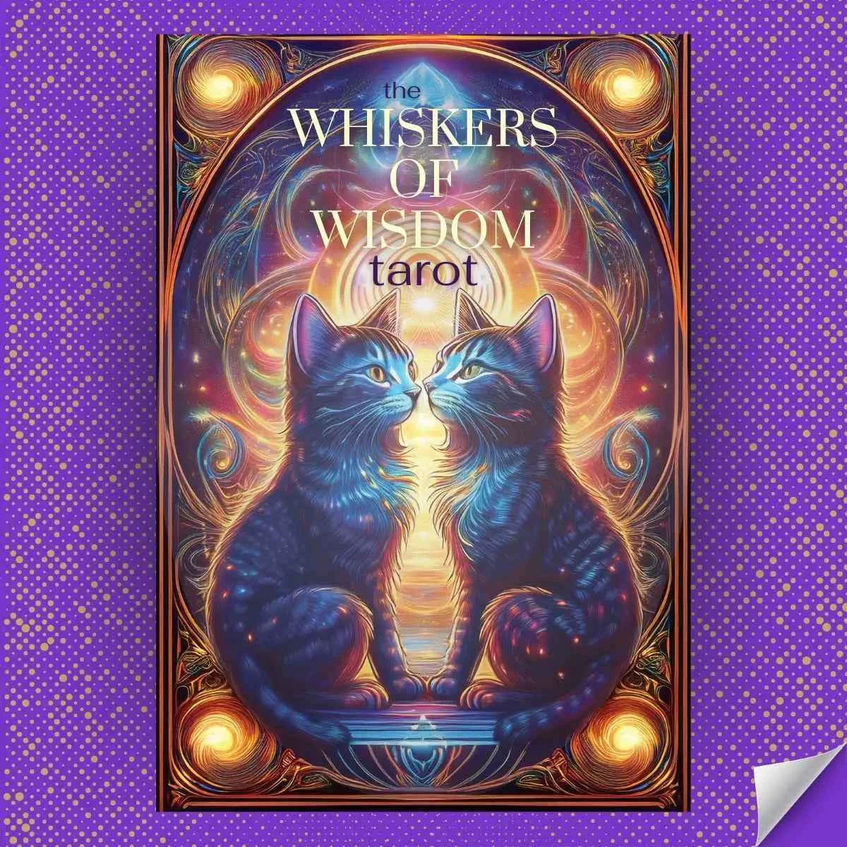 Cover image for 'The Whiskers of Wisdom Tarot' with two cats and decorative elements on a purple background.