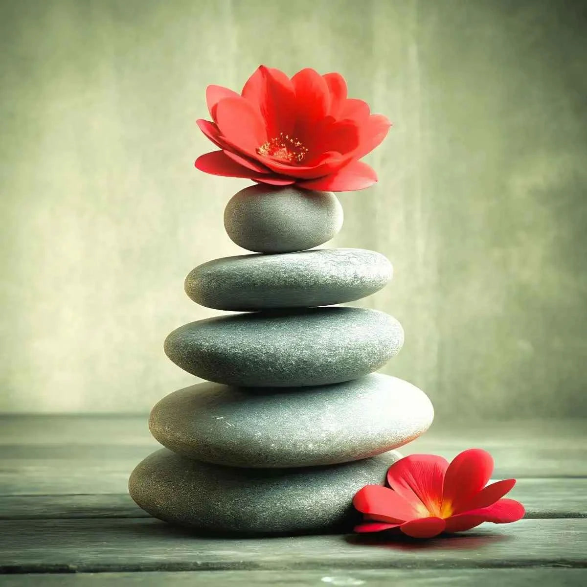 A stack of stones with  a red flower resting on top and beside with a blurred background